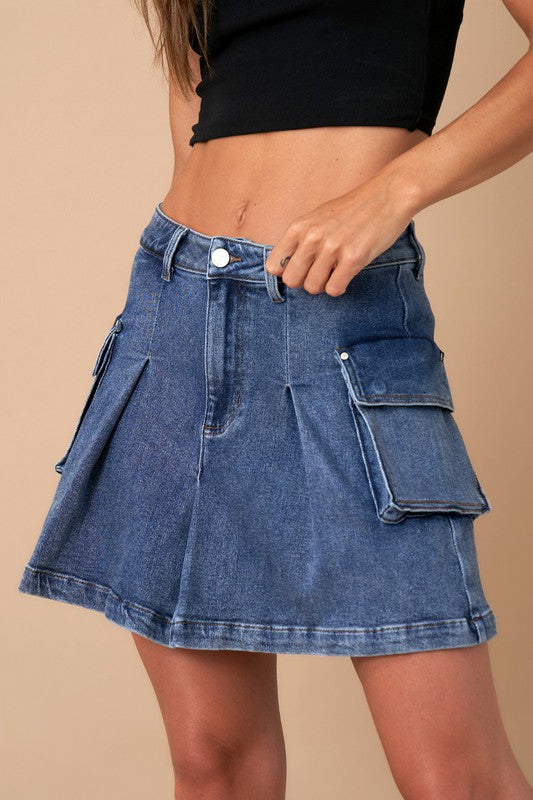 Jessie Pleated Cargo Denim Mini Skirt