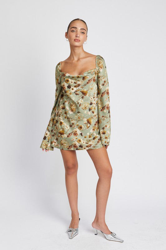 FLORAL LONG SLEEVE MINI DRESS WITH OPEN BACK Emory Park