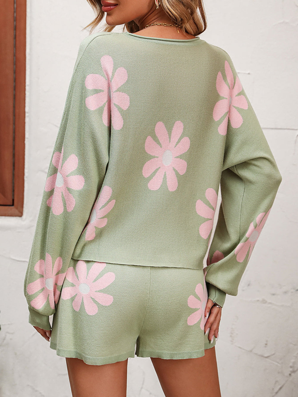 Tara Floral Print Raglan Sleeve Knit Top and Tie Front Sweater Shorts Set Trendsi