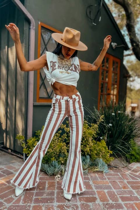 Shannon Striped Bellbottom Jeans in Rust WISTERIA LANE