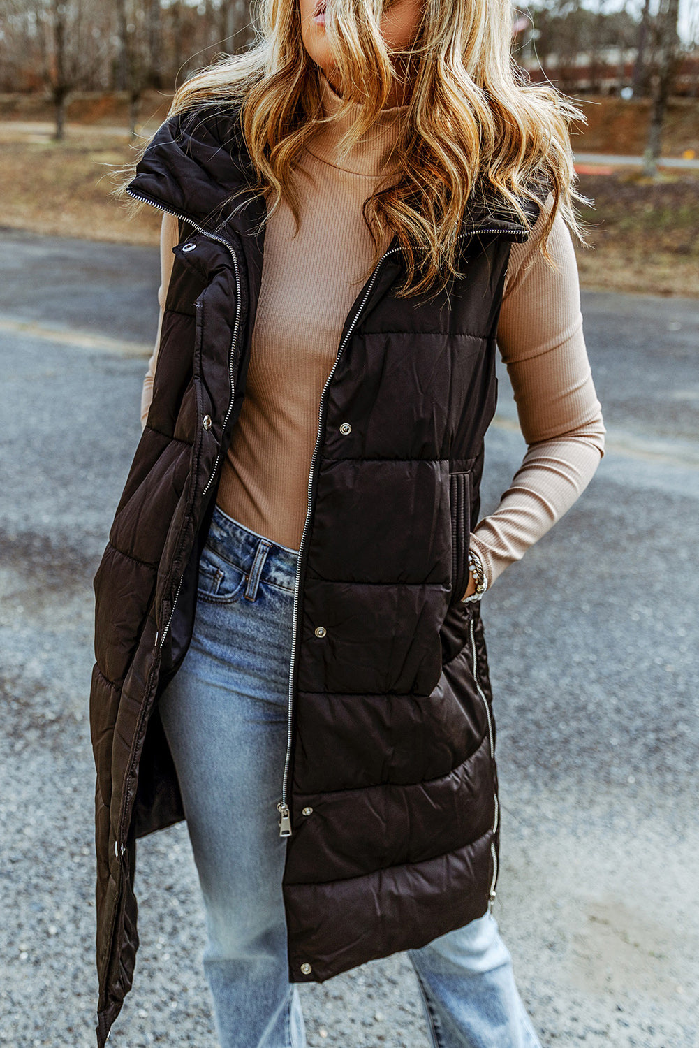 Lara Longline Hooded Sleeveless Puffer Vest Trendsi